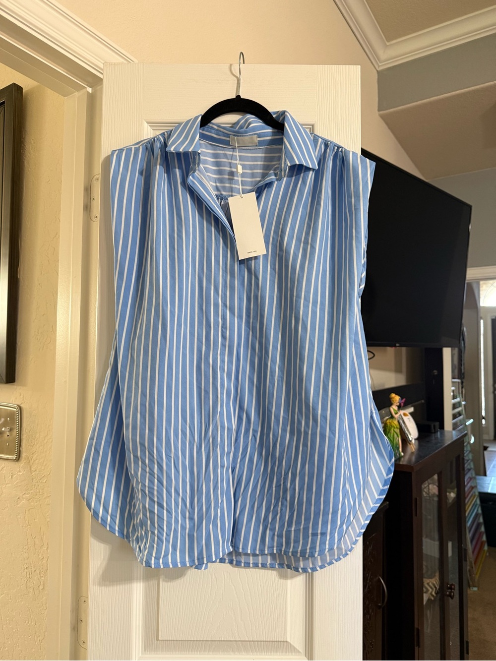 Q2 Blue and White Striped Sleeveless Collared Blouse